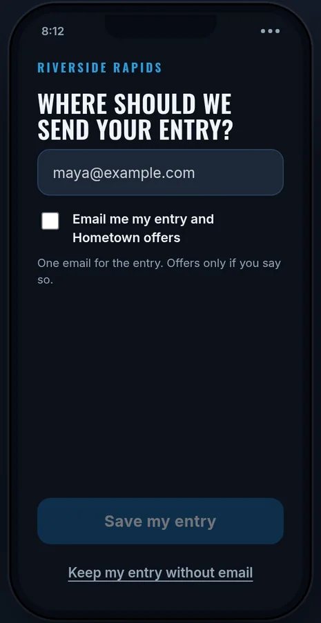 Phone asking where to send the entry, with an unticked email opt-in