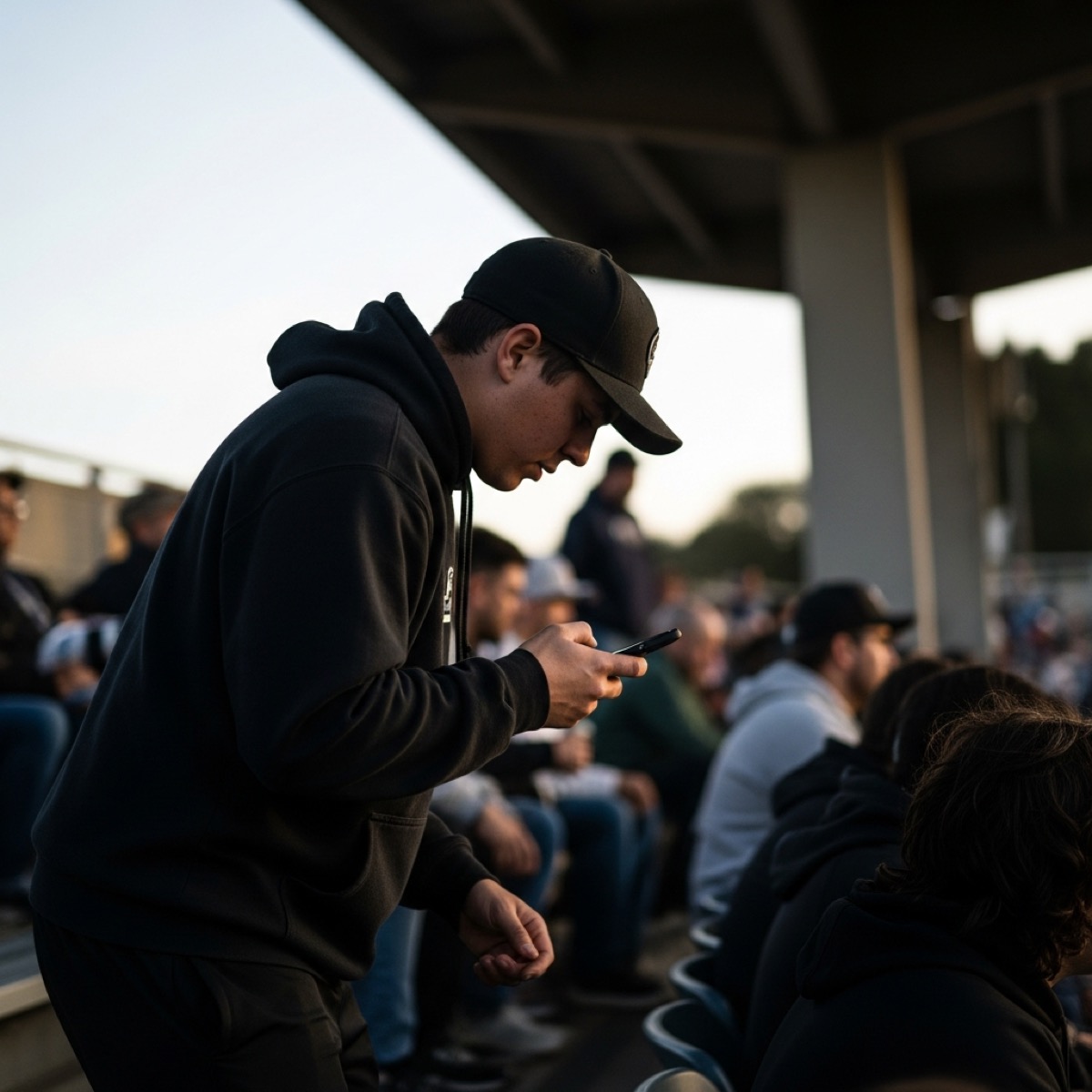 College athletics fan engagement showing student fans tapping NFC gear at a football game