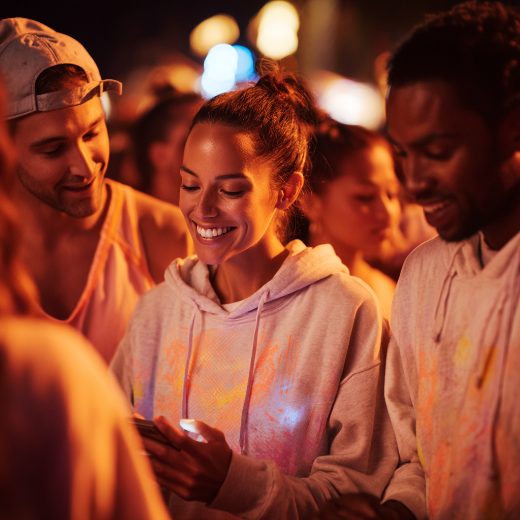 Fans in a real-world setting connected by faint light ribbons, moody cinematic tone.