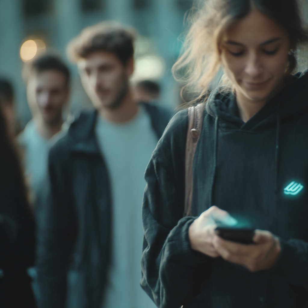 Student brushing sleeve of hoodie as soft light responds, a quiet moment of connection.